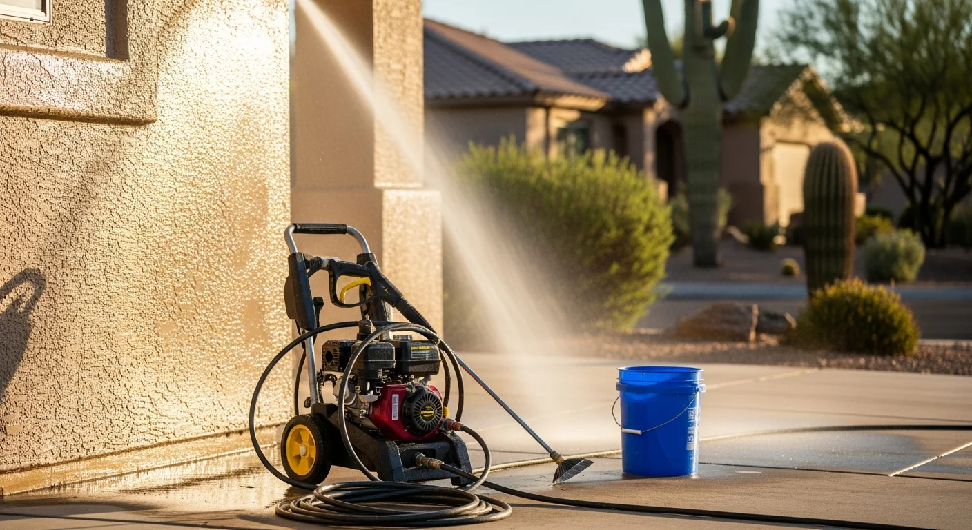 Pressure washing cleaning exterior wall of commercial building