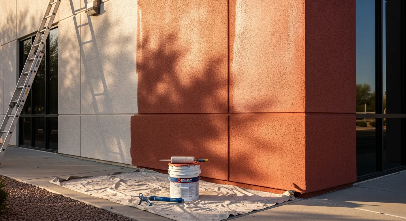 A freshly painted commercial office building exterior in Phoenix, Arizona, showing uniform UV-resistant coating applied over stucco walls in a light earth-tone color. The building facade is clean and even under bright desert sunlight.