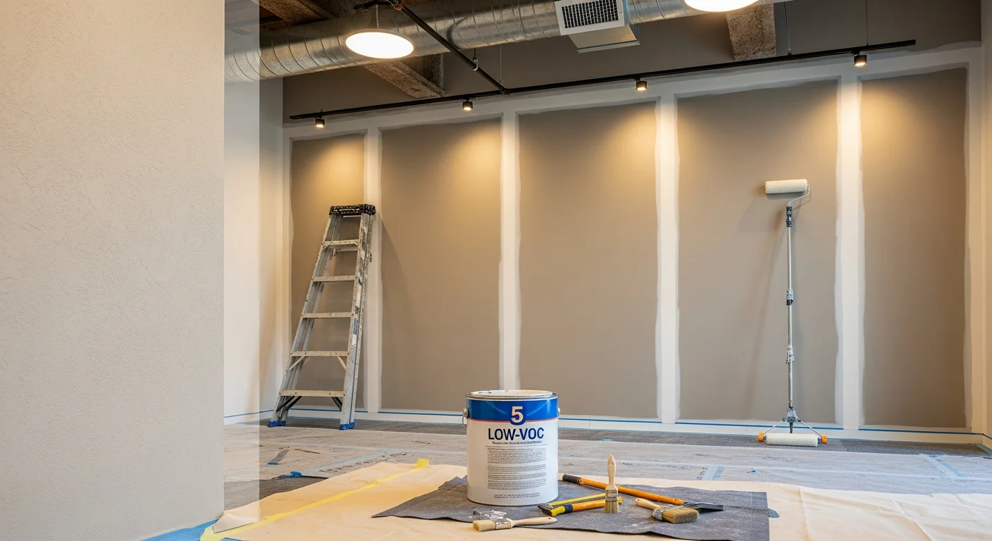 Interior of a freshly painted commercial office space in Phoenix, Arizona, showing clean white walls, painted ceiling grid, and trim work in a multi-room layout. RD Painting Pros crew equipment visible near a covered workstation in the background.