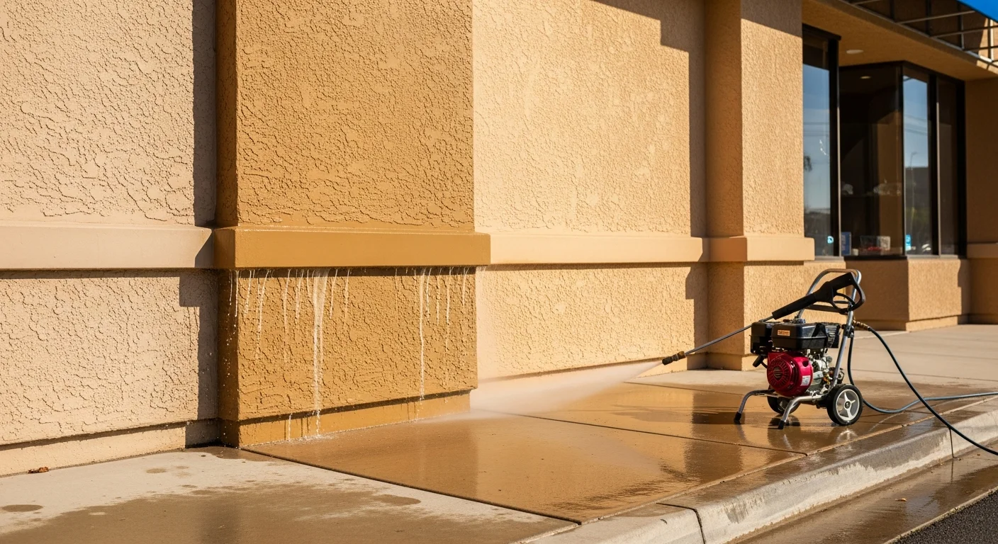 A commercial building facade in Phoenix, Arizona being pressure washed to remove desert dust and monsoon grime from stucco exterior walls. A cleaned concrete walkway and parking area are visible in the foreground.