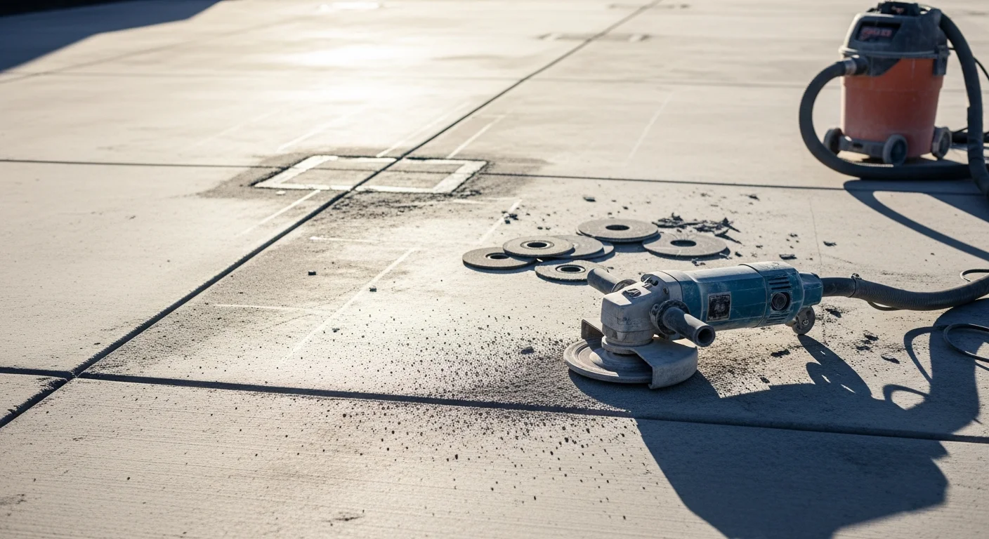 A Phoenix residential garage floor with a freshly ground and profiled concrete surface, showing a clean, uniform gray slab ready for coating application. A surface preparation technician operates grinding equipment near the garage door opening.
