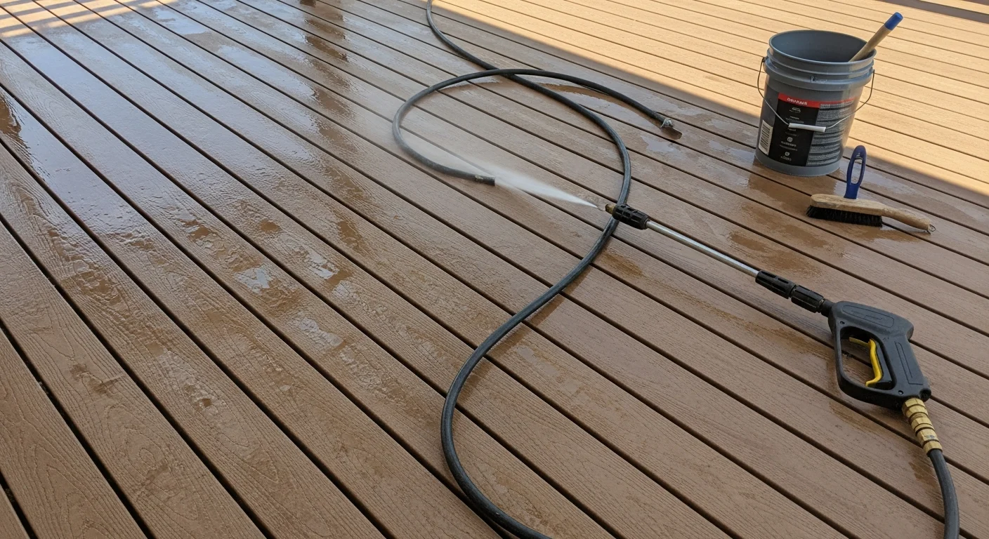 A wood deck at a Phoenix residential home shown before and after professional pressure washing, with clean board grain visible and no dust or mildew staining remaining. The backyard setting reflects a typical Phoenix outdoor living space with strong sun exposure.
