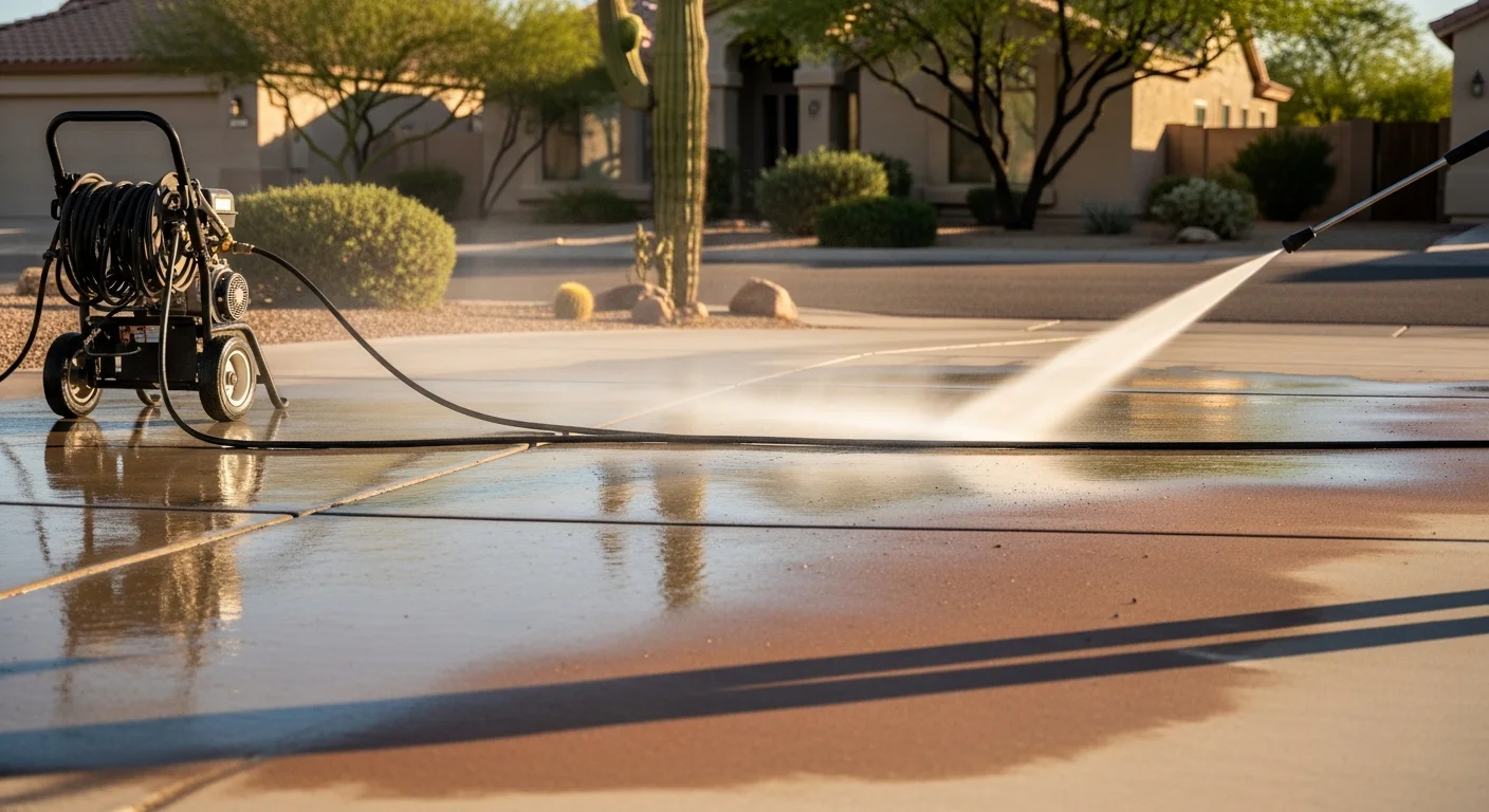 A Phoenix residential concrete driveway shown before and after professional pressure washing, with caliche dust stains, tire marks, and hard water deposits fully removed from the surface. The cleaned driveway appears several shades lighter against a desert landscaped front yard.