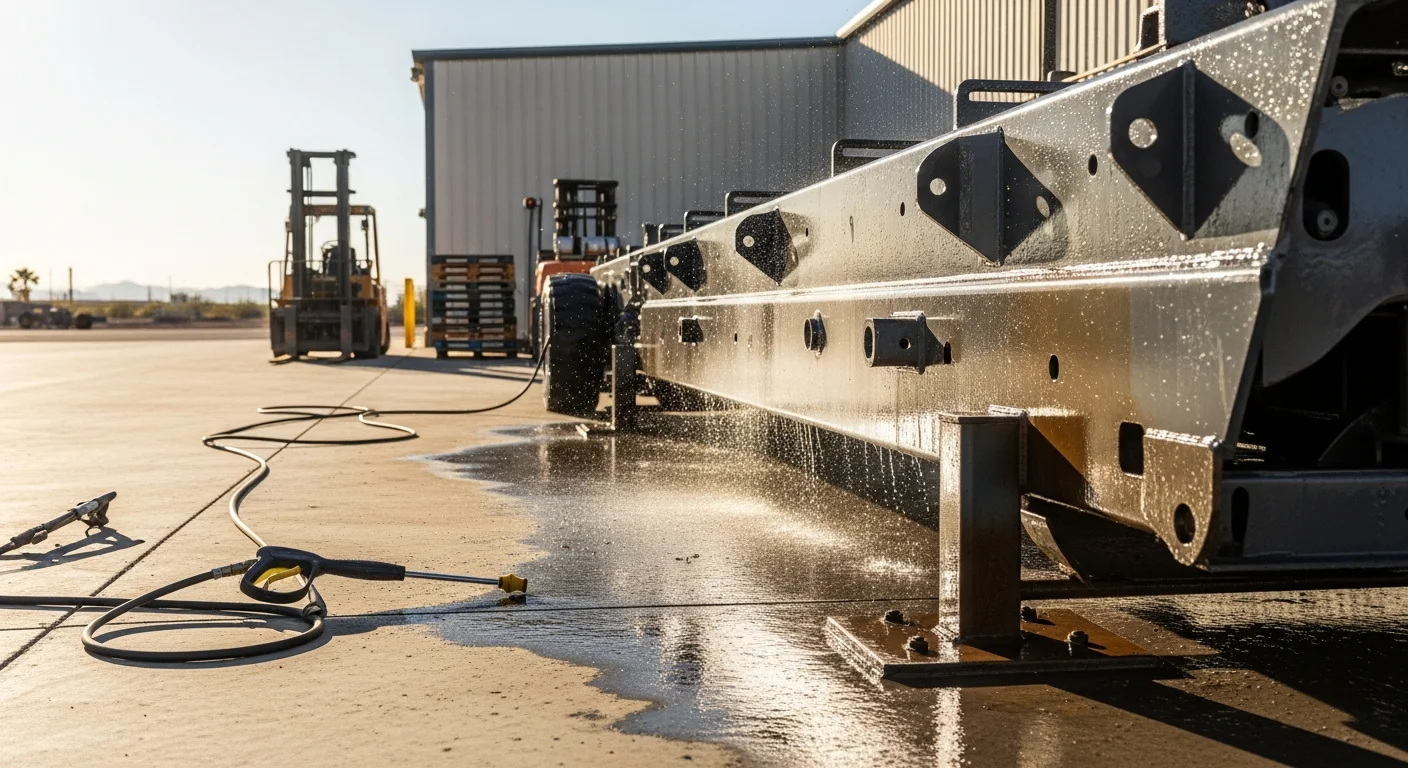A pressure washer operator cleaning heavy industrial machinery at a Phoenix warehouse facility, removing grease and desert dust from metal surfaces and equipment frames.