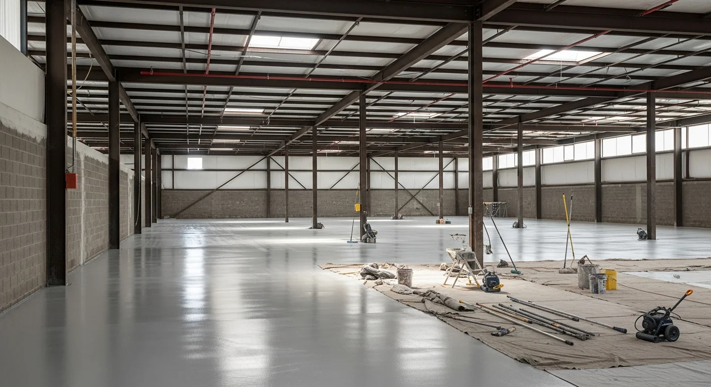 Interior of a large Phoenix industrial warehouse with freshly applied light-colored coatings on concrete block walls and painted structural steel beams overhead. The facility floor is clean and the space is well-lit, showing a completed industrial painting project by RD Painting Pros.