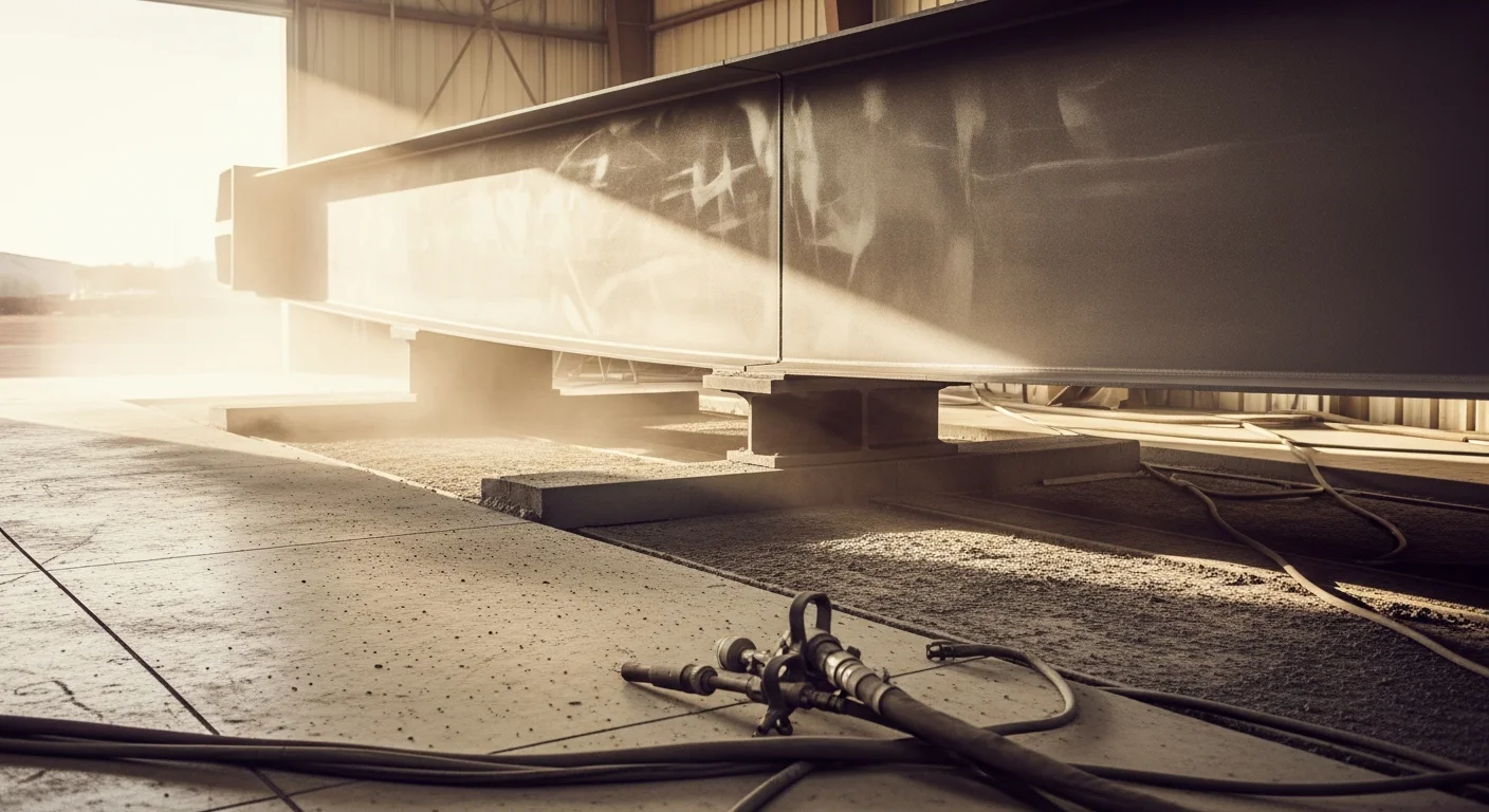 A Phoenix industrial facility steel structure after abrasive surface blasting, showing bare clean metal with a uniform surface profile ready for protective coating application. Heavy equipment and structural steel beams appear free of rust, old paint, and corrosion in an open industrial work environment.