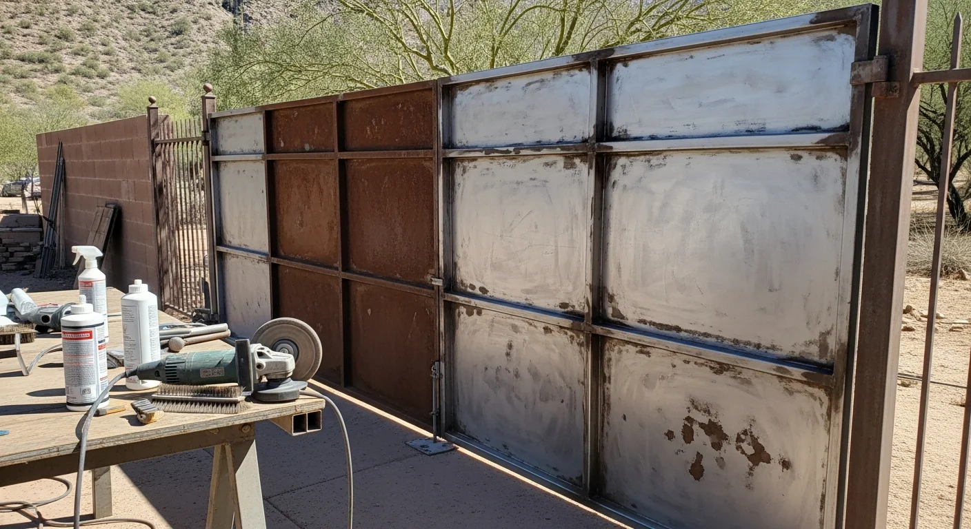 A Phoenix metal gate with old rust and flaking paint on the left side and a clean, smooth, freshly prepped metal surface on the right side, ready for coating. A painter in work gear holds a wire brush and sanding tool on a sunny Phoenix residential property.