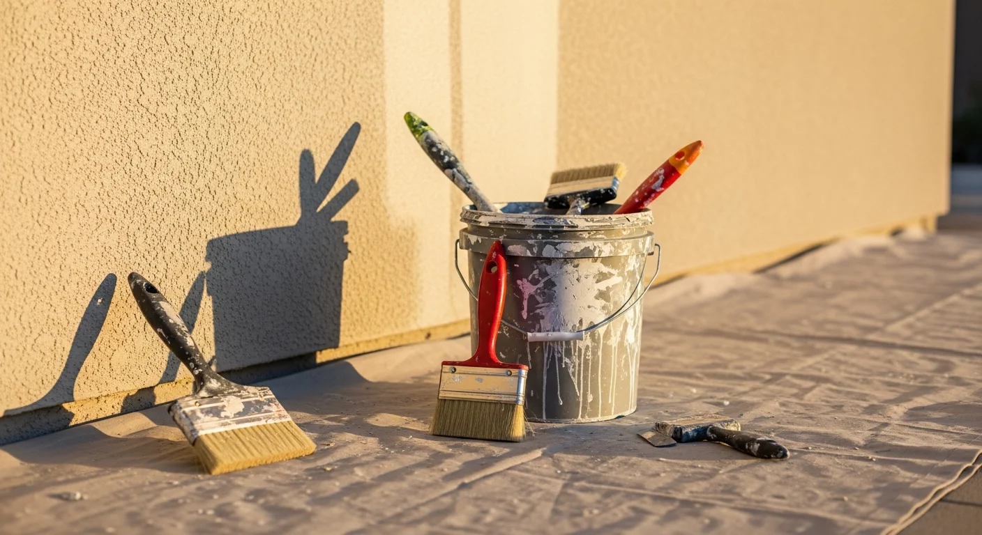 A single-story Phoenix stucco home with a freshly painted warm beige exterior, clean trim lines, and a painted front door, photographed in bright Arizona sunlight. The finished surface shows even color coverage across the stucco walls with no fading, cracking, or chalking visible.