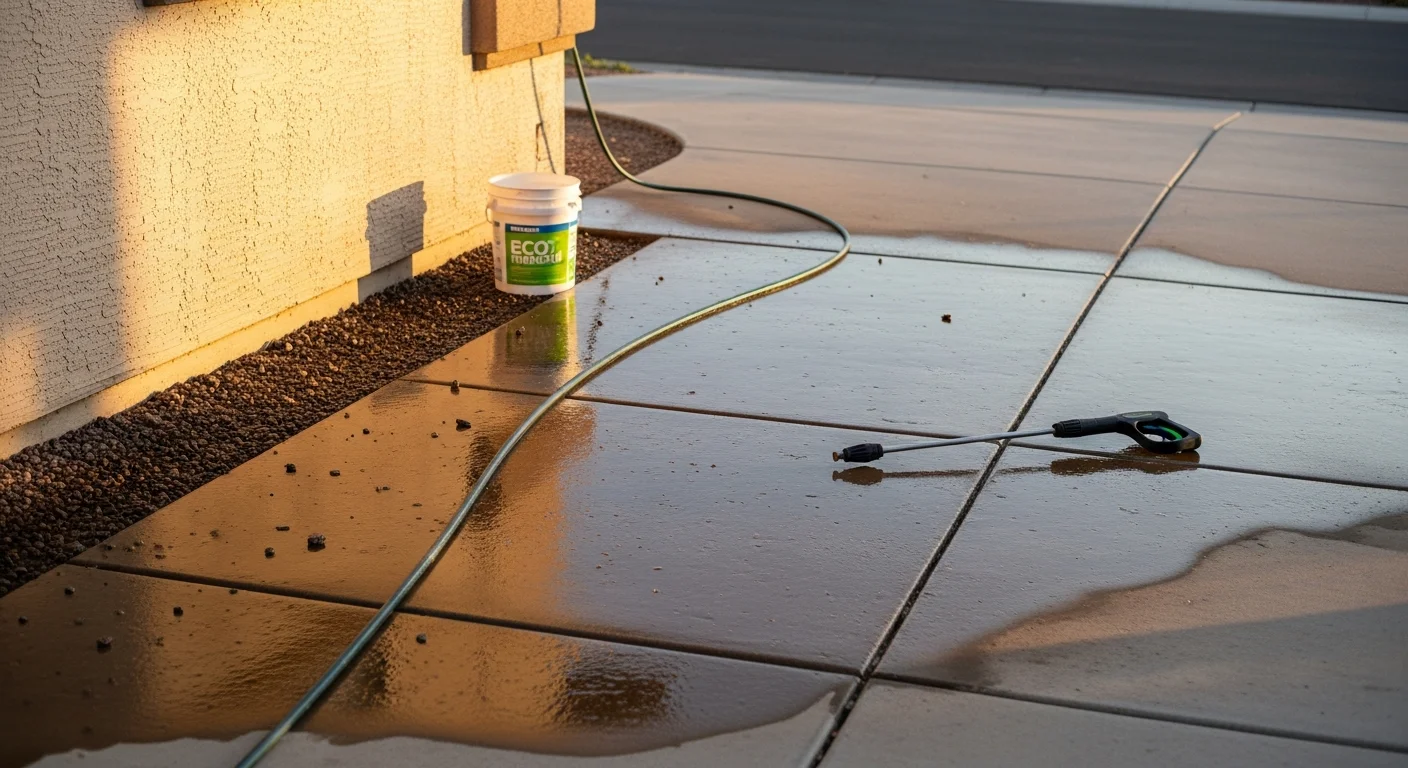 A Phoenix residential driveway and stucco home exterior being pressure washed, showing the contrast between cleaned concrete and dirt-stained surface still coated in desert dust and monsoon grime. A technician directs a pressure washing wand across the concrete while the restored section shows the original light gray color of the slab.