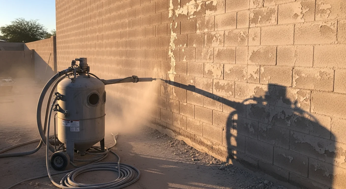 A Phoenix block wall with old, chalking paint fully stripped to bare masonry after professional sandblasting by RD Painting Pros. The clean, textured surface is ready for a fresh protective coating.