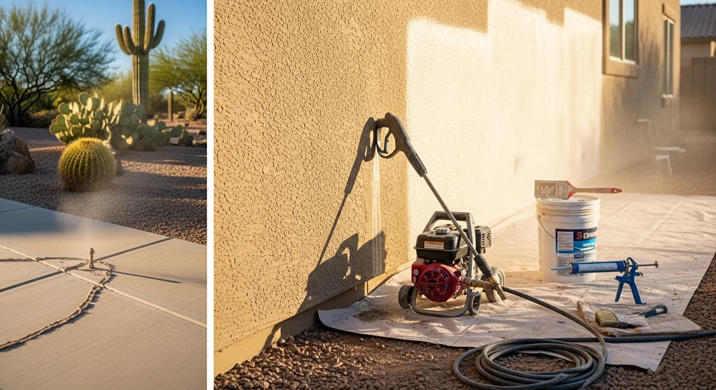 A Phoenix stucco home exterior after professional surface cleaning and crack repair, with freshly primed walls ready for topcoat application. Close-up shows smooth, patched stucco surface with clean caulk lines around a window frame.